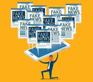 Dibujo de persona sujetando un teléfono gigante sobre su cabeza, arrodillado por el peso de las notificaciones de "fake news" del teléfono