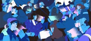 Dibujo de multitud de personas mirando sus celulares